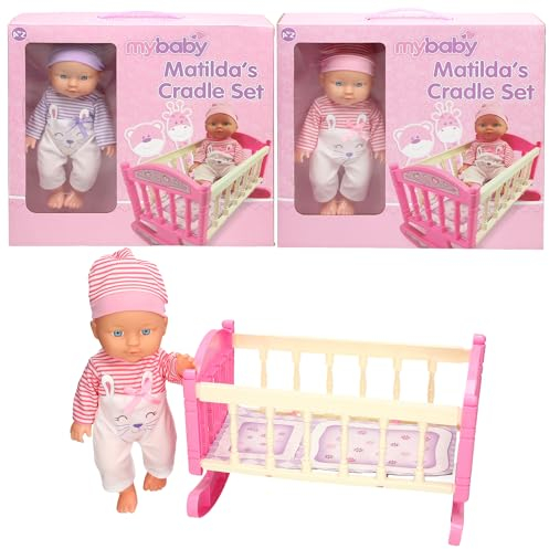 Teach Time MyBaby Matilda's Cradle Set, Baby Doll with Pink Cot, Striped Outfit with Cat Design