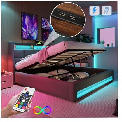 Lit 160x200 avec Sommier LED et USB, Lit Coffre 160x200 avec Rangement et Tete de Lit, Lit Double avec à Lattes Lit 2 Personnes, Lit Rembourré Cadre de lit 160x200(sans Matelas)