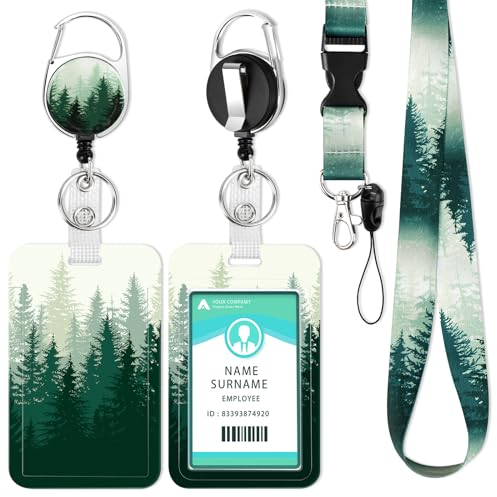 Ausweishülle mit Band, Ausziehbarer Schlüsselband Badge Holder, Kartenhülle Schlüsselanhänger mit Karabiner, Lanyard für Frauen, Lehrer, Krankenschwester, Doktor, Student(Kiefernwald)