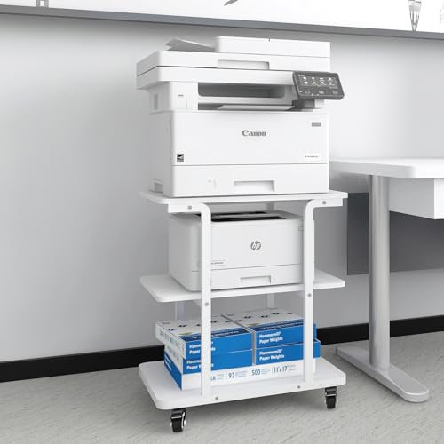 PUNCIA 3-Tier Laser Printer Stand with Storage 60x50x67cm Large Printer Table on Wheels Under Desk Storage Trolley Heavy Duty Rolling Cart Movable Rack Fax Scanner Shelf for Home Office (White)