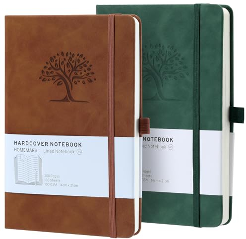 HOMEMARS Notizbuch, Notebook, Notizbuch a5, Journal buch, Reisetagebuch, Liniert a5, Notizblock, Notizbücher a5, 100gsm, 200Pages, 2 Stück, Reisetagebuch, Leder, Prägebaum Design,Braun Grün