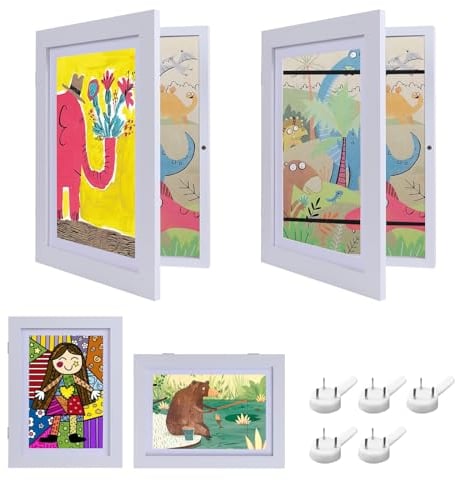 Baketron Bilderrahmen Kinderzeichnungen A4 für 150 bilder,Kinder Kunst Bilderrahmen,Aufklappbarer Kunstbilderrahmen, Frontöffnung zum leichten Wechseln,Ideal für Schule, Familie(2 Stück, Weiß)