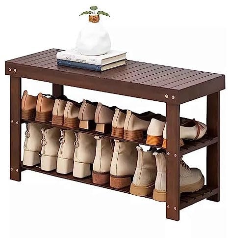 Shoe Rack Bench for Entryway 3 Layers Narrow Bench for Bedroom End of Bed Small Bamboo Shoe Storage Organizer Slim