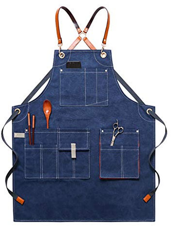 Yooghuge Delantales de carpintería para hombres y mujeres, delantal de trabajo de lona con bolsillos ajustables para correas cruzadas en la espalda, delantal de cocina con bolsillos, azul marino,
