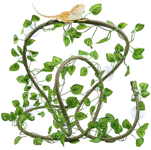 QUOZUO Reptile Tank Accessories Plants Vines and Flexible Artificial Leaves with Suction Cups, Crested Gecko Tank Accessories Long Vines Reptile Hide for Climbing, Chameleon, Lizards