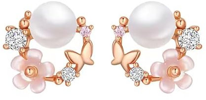 STEIGEL® 925 Sterling Silber Schmetterling Ohrstecker mit Perle und Zirkonia-Steinen für Frauen und Mädchen