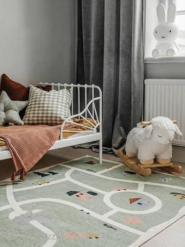 RugVista Road map, Kinderteppich, Moderne Teppiche, 140 x 200 cm, Rechteckig, Mittlerer Stapel, Kinderzimmer, Maschinenwäsche, Ohne gefährliche Chemikalien, Grün/Multi