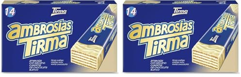 Tirma Waffelriegel weiße Schokolade | 14 Einheiten, 301g | Zarte Cremefüllung | Nicht-GVO | Für Vegetarier geeignet | Einzeln verpackt | Snack für unterwegs (Packung mit 2)
