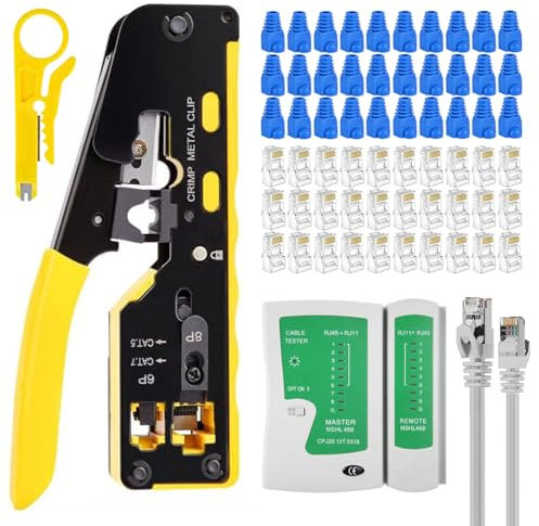 WEETOTUNG RJ45 Crimpzange, Durchgangsset, professionelles komplettes Ethernet-Crimpwerkzeug-Set mit Tester, 30 Cat6-Steckern und Abdeckungen für Cat5/Cat5e/Cat6/Cat7/Cat8