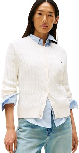 Tommy Hilfiger Damen Strickjacke Cardigan Co Cable Mid Slim Fit, Weiß (Ivory Silk), S