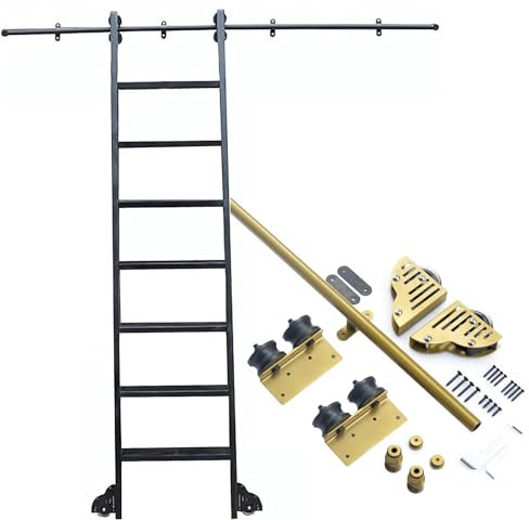 XEXENAMU Rollbare Bibliotheksleiter-Hardware-Kit (ohne Leiter), Rundrohr-Bibliotheksleiter-Hardware, rollende Bodenrolle mit Bremse für Zuhause/Innenbereich/Dachboden, golden (3,3 Fuß/100 c
