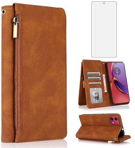 Funda tipo cartera compatible con Motorola Moto G84 5G, protector de pantalla de vidrio templado y cremallera, piel retro, tarjetero, soporte para celular, accesorios para G 84 2023 XT2347-1 XT2347-2,