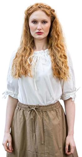 Leonardo Carbone® Damen Bluse Mittelalter Kurzarmbluse Sandra | Verstellbarer Kordelzug | Elegante Spitzenverzierung | Karneval, Halloween, Cosplay, LARP, Tunika, Hemd | 100% Baumwolle Weiß 2XL