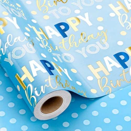 Wikadlik Blaues Geburtstags-Geschenkpapier – 43 cm x 10 m – Goldfolie Happy Birthday Schriftzug Polka Dots wendbares Geschenkpapier für Party, Dusche, Urlaub, Feier