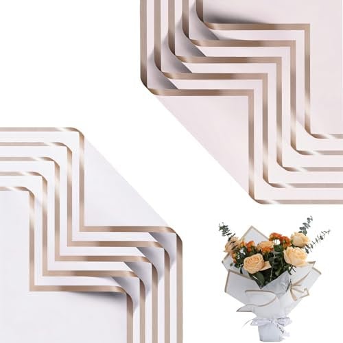 40 Blatt Blumenstrauß Geschenkpapier, Wasserfestes Blumenpapier 58 x 58cm Blumen Bouquet Papier mit Goldrand Rosa und Violett Sträuße Papier für Geburtstag Festival Hochzeit