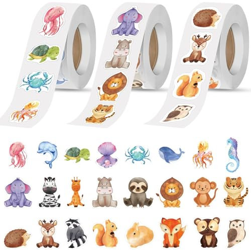 CONJURAIDE 1500 Stück Sticker Tiere, Runde Aufkleber Kinder Tiersticker Wasserdicht Selbstklebende Sticker Motivations Aufkleber Tieraufkleber Grundschule Lehrerbedarf für Schule Kinder