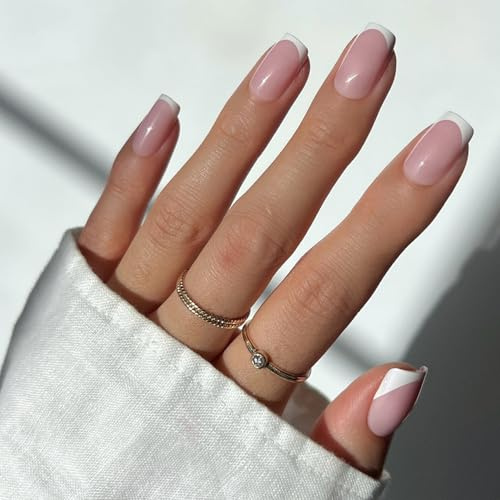 Glamnetic Press On Nails - Classy French | Medium Square Fake Nails, Trendy Micro French Tip, Everyday, Reusable | 15 Sizes - 30 Nail Kit