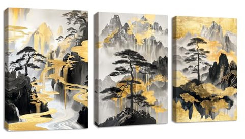 3 Pcs Schwarz Gold Natur Landschaft Leinwandbilder Bilder Set mit Rahmen, Schwarz Nebelig Kiefer Bäume Wandbilder Schlafzimmer Bild Auf Leinwand Kunstdruck Deko für Wohnzimmer Aufhängen 30x40cmx3