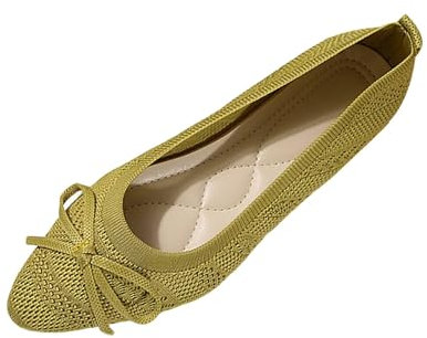 Ballerine, eleganti scarpe da donna a punta con fiocco, slip-on, scarpe piatte in tessuto a maglia, leggere, comode, estive morbide, con plantare morbido, gold, 36 EU
