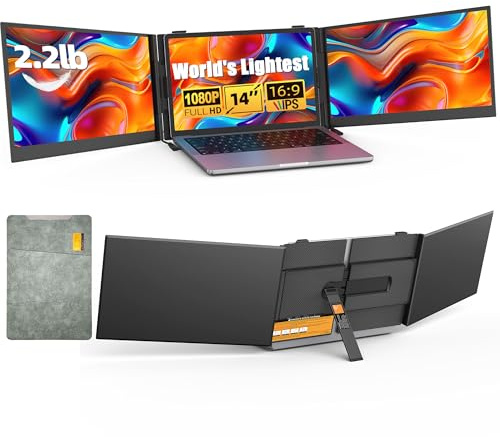 14 Triple Laptop Screen Extender - Ultra Thin & Lightweight (2.2lb) Portable Monitor For Laptop, FHD 1080P Travel Display 13-17 Laptops, Plug & Play USB-C/HDMI, Aluminum Extended Screen for Mac/Win
