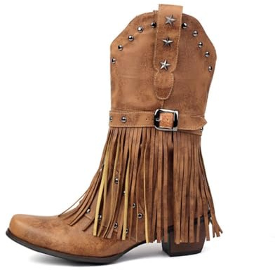 TangDao Donna Stivali da Cowboy con Frange Stivali Cowgirl Western a Metà Polpaccio Vintage Stivaletti da Lavoro