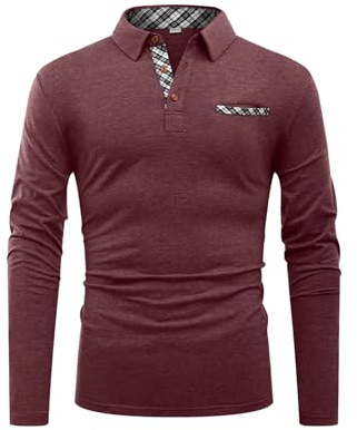 Hisir Polo Shirts for Men Cotton Long Sleeve T-Shirts Patchwork Collar Regular Tops Workwear with Real Pocket