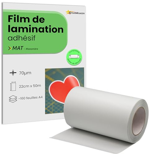 Rouleau 22cm x 50m A4, Film de lamination à froid MAT - Feuilles de plastification Laminé auto-adhésif pour photo et autocollants - Compatible plotter de découpe