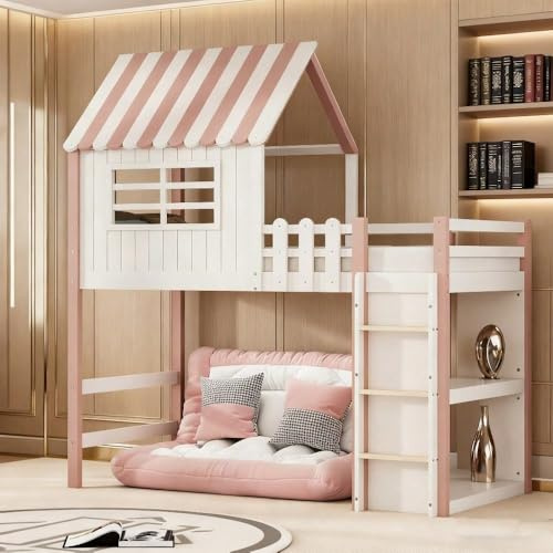 Traumhaus-Kinderbett 90x200 cm – Sicher & Märchenhaft | Dachform mit Sicherheitsleiter & Ablagefach | Massivholz in Rosa mit Lattenrost | Für Jungen & Mädchen