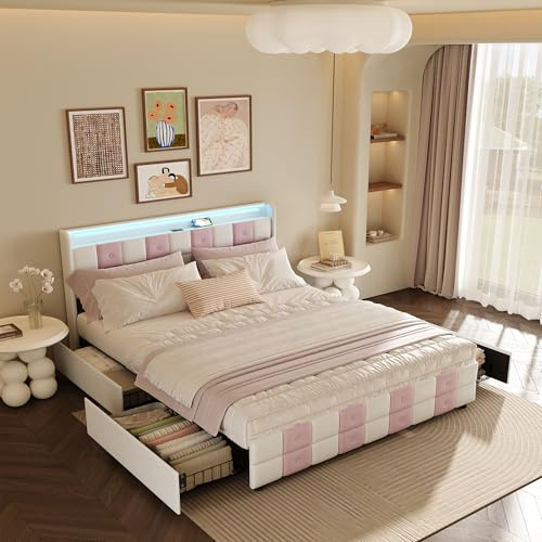 TIMORWTF Lit Double 140x190 avec Sommier LED et USB, Lit Coffre 140x190 avec 4 Tiroirs Rangement et Tête de Lits Rembourrée Lit2 Personnes, Velours, Blanc et Rose, sans Matelas