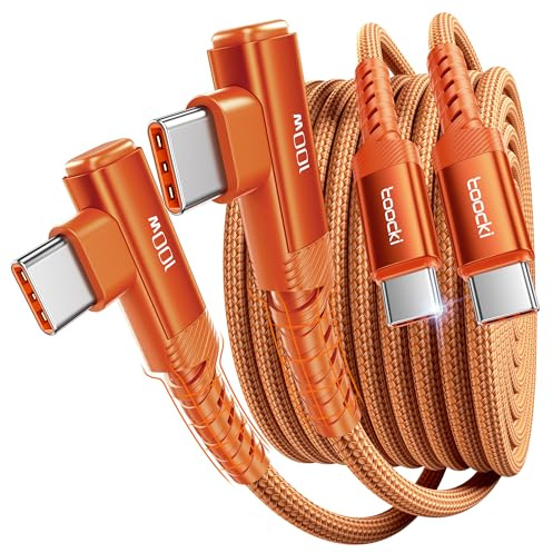 toocki 100W USB C Kabel【2 Stück 2M】 PD3.0 Schnellladekabel,90 Grad Winkel | Orange,Nylon Geflochten USB C auf USB C Kabel für iPhone 17 Pro Max Samsung Galaxy S25 Ultra Pixel 10 9a iPad Pro MacBook Air