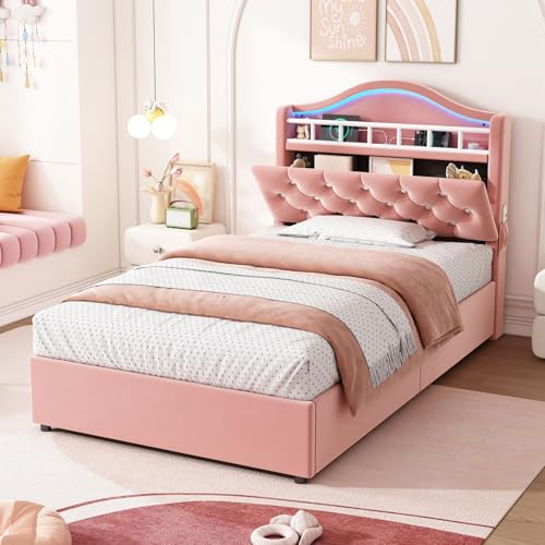 3ft Single Bed Frame with Hydraulic Lever & Concealed Storage Headboard,Velvet Upholstered Ottoman Bed with Charging Station & LED Lighting, Gas Lift Up Storage Beds with Metal Slats,No Mattress,Pink