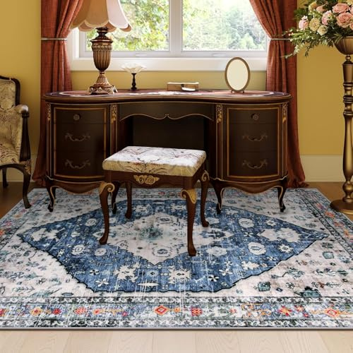 VARIKASHOM Wohnzimmerteppich, Teppiche Heimbüro Dekoration arbeitszimmern Spielzimmern,Traditionelles Vintage-Design Blau, Weiß, Rot, Orange, Grün Mehrfarbig, 120 x 150 cm