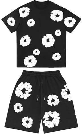 Ensemble 2 Pièces Homme T-Shirt et Short d'Été, Imprimé Fleuri Y2K Hip Hop Streetwear, Ensemble Jogging Décontracté avec Poches pour Sport et Loisir