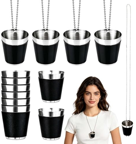 Lot de 12 Verres à Shot avec Chaîne, 30ml Acier Inoxydable 304, Gobelet Reutilisable, Tour de Cou, pour Mariage, Anniversaires, Aux Carnavals, Festival, Soirée, Fêtes en Plein Air, Dégustations, Noir
