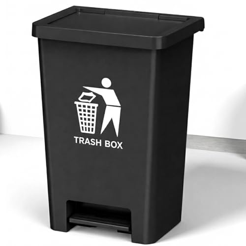 BURAKH Pedal Bin Kitchen Waste Bin 50L / 80L – Hands Free Foot Operated Trash Can with Lid – Heavy Duty Plastic Recycling Bin for Home, Office, Garden & Commercial Use (Black, 80L)