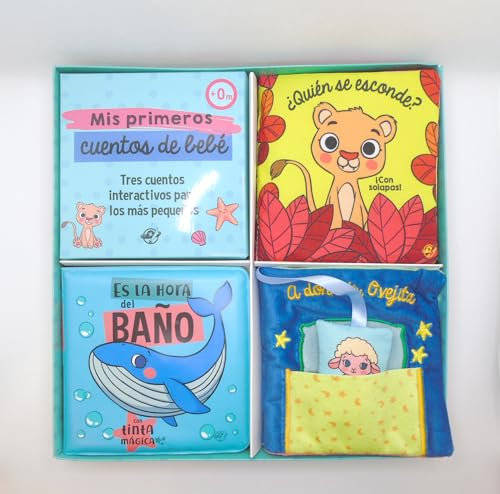Mis primeros cuentos de bebé - Tres cuentos interactivos para los más pequeños: ¡Un libro de tela con solapas, un libro de tela con un juguete y un ... y un libro para el baño con tinta mágica!