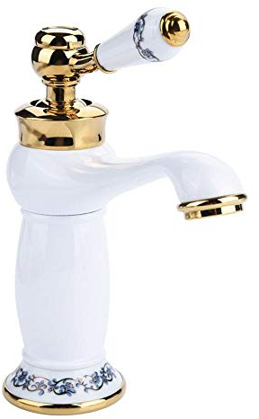 Rétro Mitigeur Robinet de Lavabo Laiton & Céramique Évier Bleu Et Blanc en Porcelaine À Long Cou Vintage Floral avec l'entrée d'eau Froide/Chaude Cuisine Salle de bain(blanc)