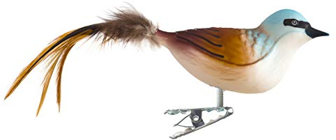 Birds of Glass® Glas-Vogel, Neuntöter mit Naturfeder | Glasschmuck Made in Germany aus eigener Herstellung | deko Vogel mit Clip, Glasvogel, echter Lauschaer Christbaumschmuck, für den Innenbereich