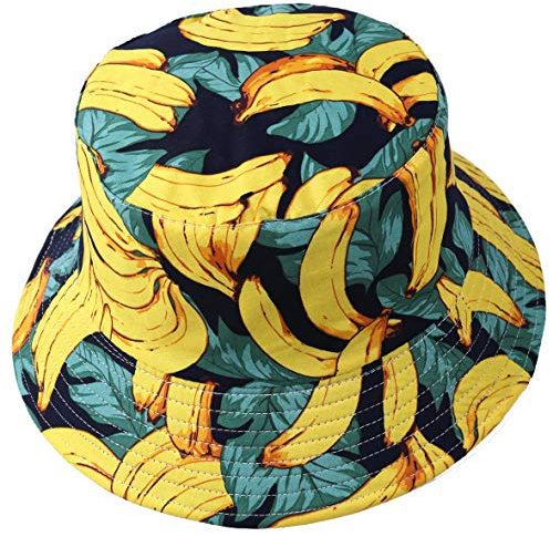 Femmes Bobs Fruit Imprimé Réversible Seau Chapeau Hommes Soleil Pêcheur Dehors Casquette (Banane-Jaune)