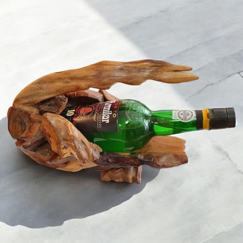 Kinaree Teak Wurzelholz Flaschenständer - Flaschenhalter für Flasche und 3 Gläser - Präsentation oder Geschenkverpackung für edle Liköre und Weine (1 Flasche Natur)