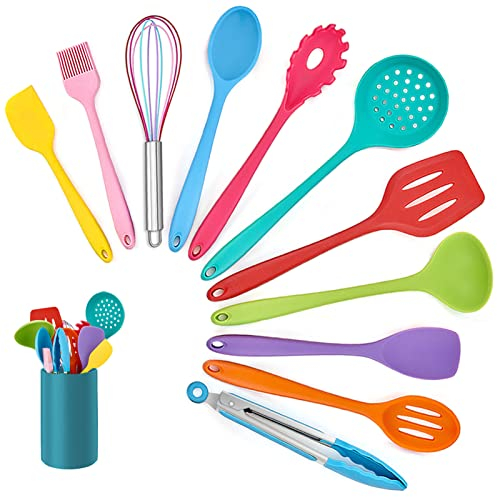 Homikit Küchenhelfer Set, 12 teilig Silikon Kochutensilien Kochgeschirr, Hitzebeständiger Kochbesteck Set mit Utensilienhalter, Gesund & Antihaft, Spülmaschinengeeignet