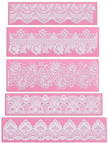 Spitzen-Silikonmatte, 5 Stück, für Zuckerspitzen, Fondant, Spitze, Fondant, Kuchen, Spitzenform, Fondant, Werkzeug, Kuchendekoration, Spitzenmuster, Blumenmuster, Formen für Zucker, Bastelzubehör