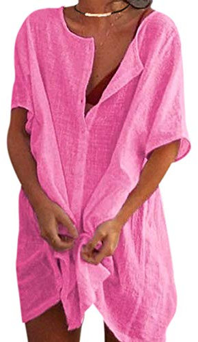 Colisha Womens Short Sleeve Linen Tops Casual V-Neck Button-Down Blouse Long Shirts Loose Plus Size Tunic L Pink