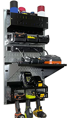 Wall Control Power Tool Storage Organizer Kit Cordless Drill Holder Charging Station Rack 16” x 32” Metal Pegboard Organization System (Metallic Pegboard)