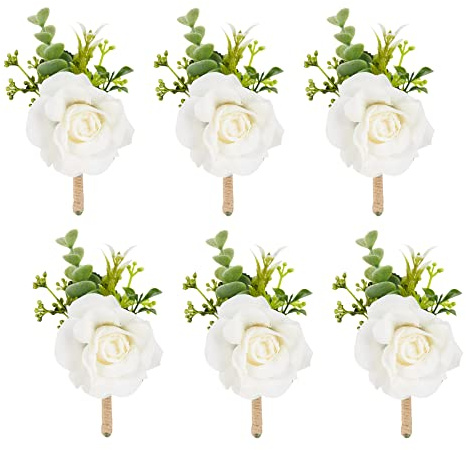 Meldel Ivory Rose Boutonniere for Men,Set of 6,Groom and Best Man Boutonnieres with Artificial Flower,for Wedding Ceremony Anniversary, Formal Dinner Party, Fall Vintage Rustic Marriage Prom