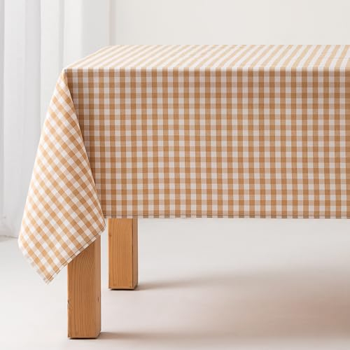 GAMUSI Tischdecke, schmutzabweisend, rechteckig, Vichy-Muster, Baumwolle, wasserdicht, 140 x 240 cm, Beige