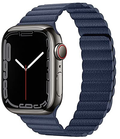 Magnetic Leather Strap Compatible for Apple Watch Straps 38mm 40mm 41mm 42mm 44mm 45mm 49mm, Adjustable Leather Replacement Band for iWatch Series 8/Ultra/7/SE/6/5/4/3/2/1, Navy Blue 42/44/45/49mm