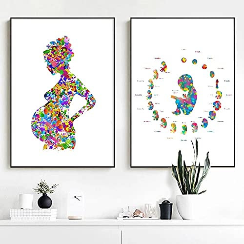 Bilder für Wanddekoration Aquarell Kunst Schwangere Frau Leinwand Malerei Arzt Geburtshelfer Embryo Entwicklung Poster Drucke 50x70cm(20x28in) x2 mit Rahmen