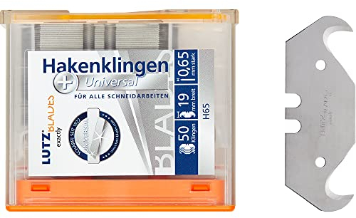 LUTZ BLADES Profi Hakenklingen Universal | 50 Stk. | 0,65mm | Karbonstahl Klingen von LUTZ in Solingen | Teppichmesser Klingen | Cutter Ersatzklingen für Bodenbeläge, Tapeten und mehr