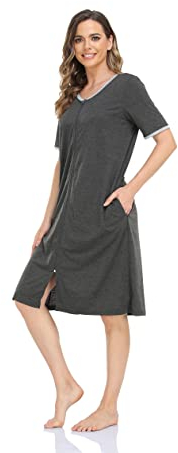 Damen Hausmantel mit Reißverschluss, weicher Bademantel, halbe Ärmel, Nachtwäsche, volle Länge, gestreift, Loungewear mit 2 Taschen, Kurze Ärmel Grau, Medium